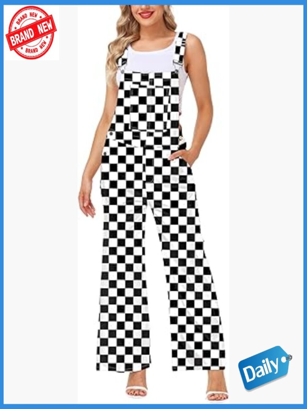 Wide Leg Checkered Denim Bib Overalls with Pockets Adjustable Straps